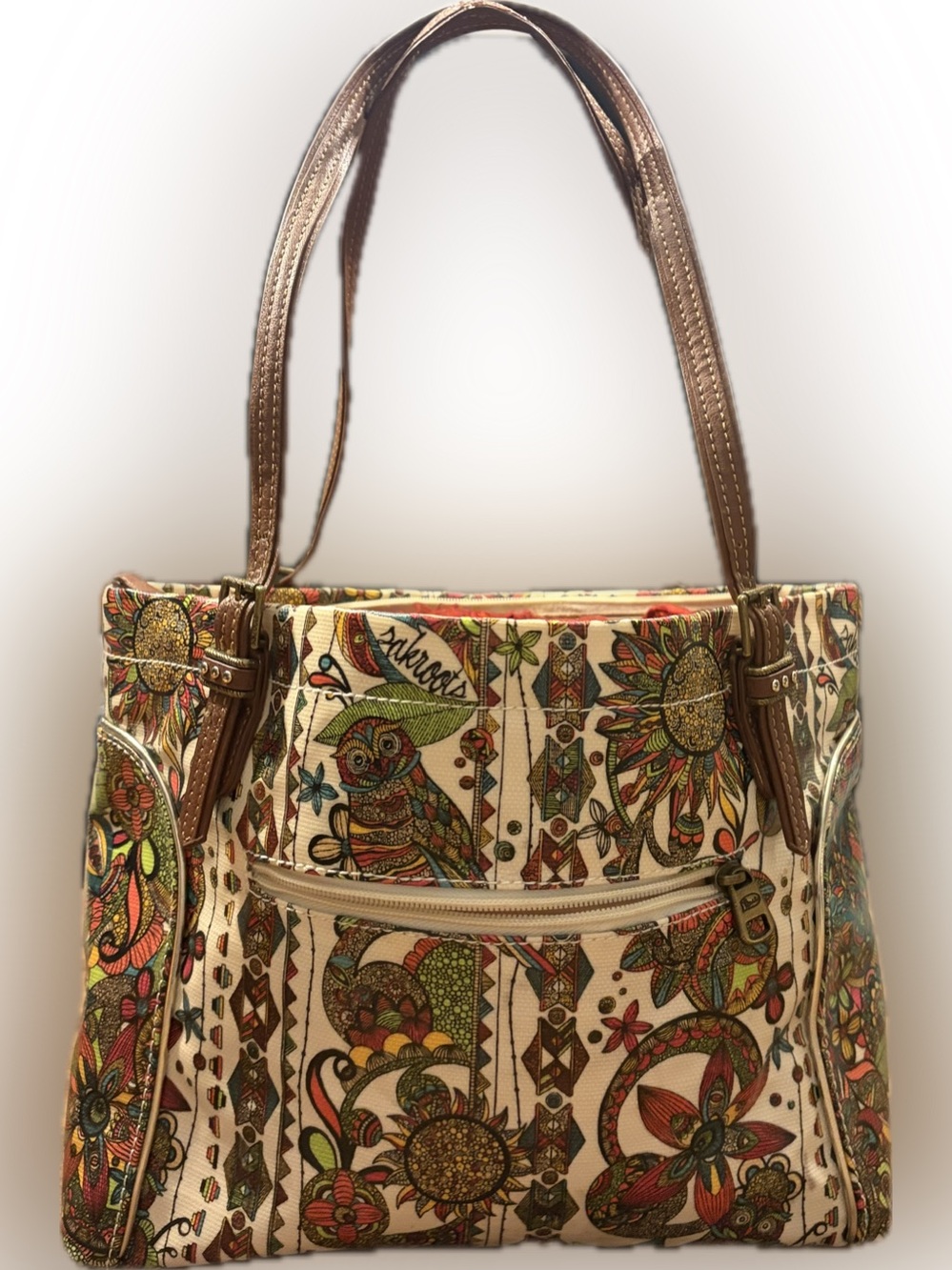 Sakroots Bag Boho Clorful Fun Floral Cream Tote Bag with Brown Handles & charm - Picture 3 of 6